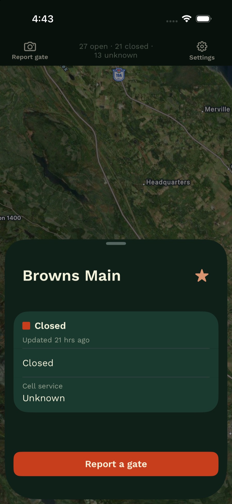 Gate sheet for Browns Main, marked Closed, with an update time, a closed line, cell service Unknown, and a Report a gate button.