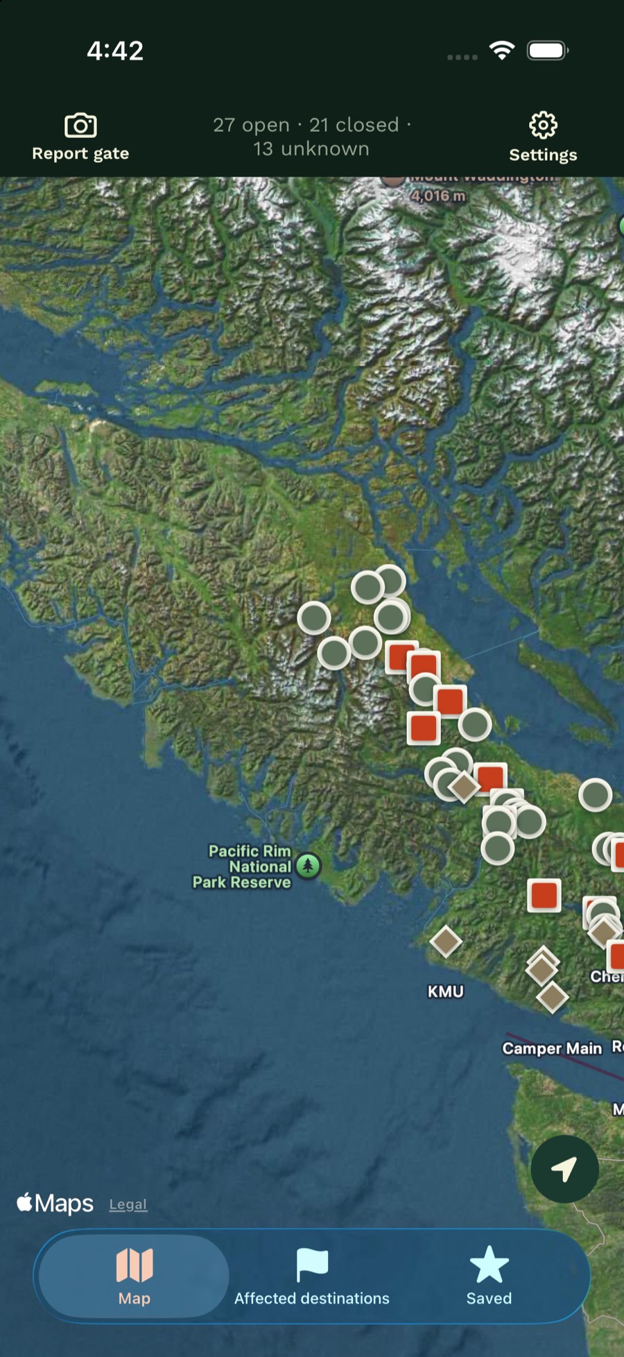 Island Gates map of Vancouver Island. Header reads 27 open, 21 closed, 13 unknown. Pins use a circle, a square, or a diamond.