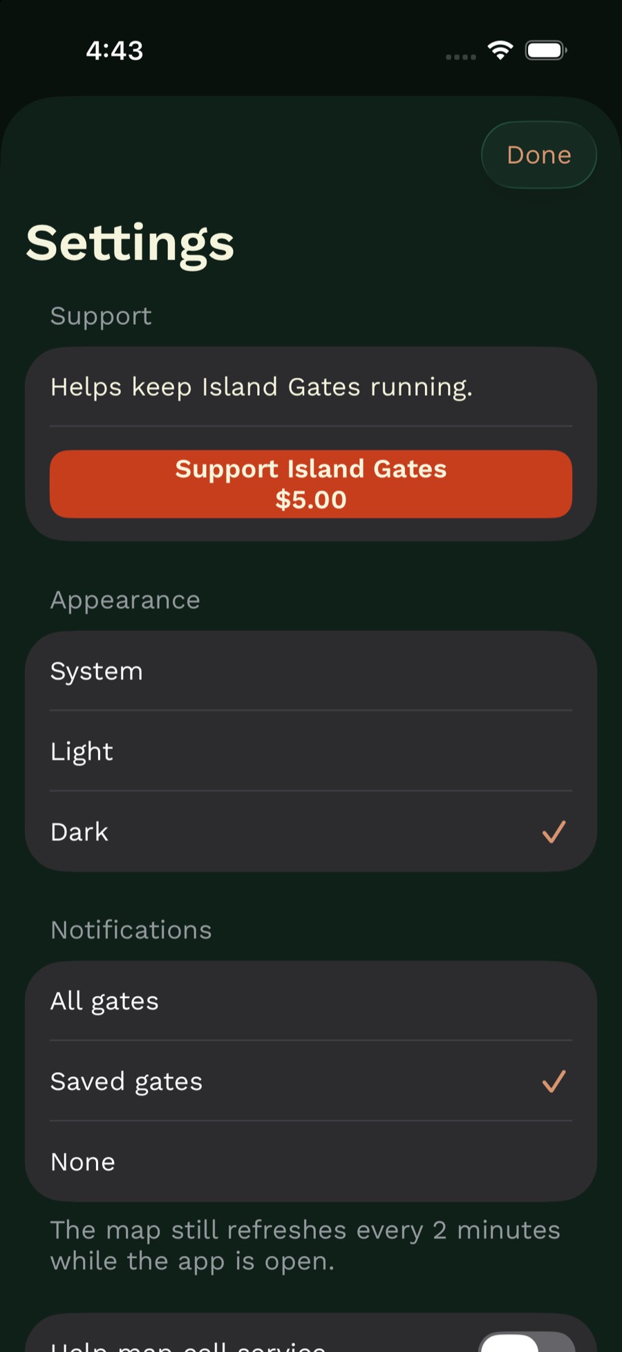 Settings sheet in Dark mode with a Support Island Gates button at $5.00, Appearance set to Dark, and Notifications set to Saved gates.