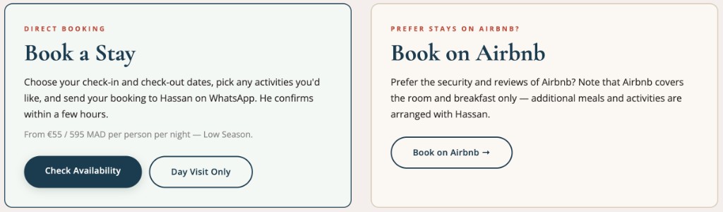 Two booking option cards: Book a Stay via WhatsApp, or Book on Airbnb