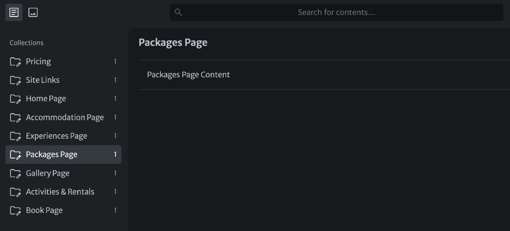 Sveltia CMS collections list: Pricing, Site Links, Home Page, Accommodation Page, Experiences Page, Packages Page, Gallery Page, Activities & Rentals, Book Page