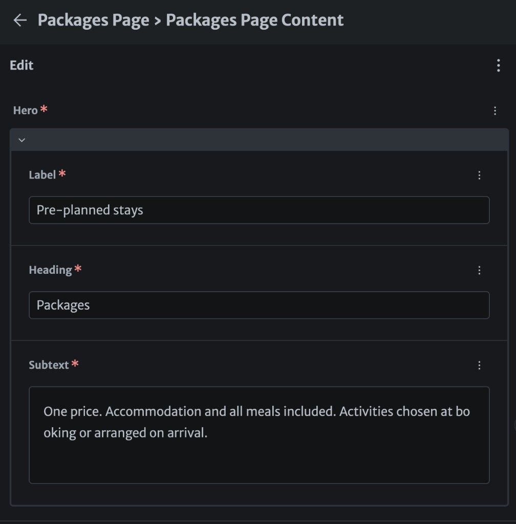 Sveltia CMS edit form for the Packages Page Content: Label, Heading, Subtext fields