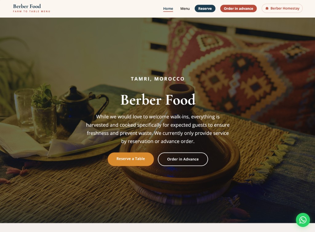 Berber Food homepage hero, tagine close-up, Moroccan textiles