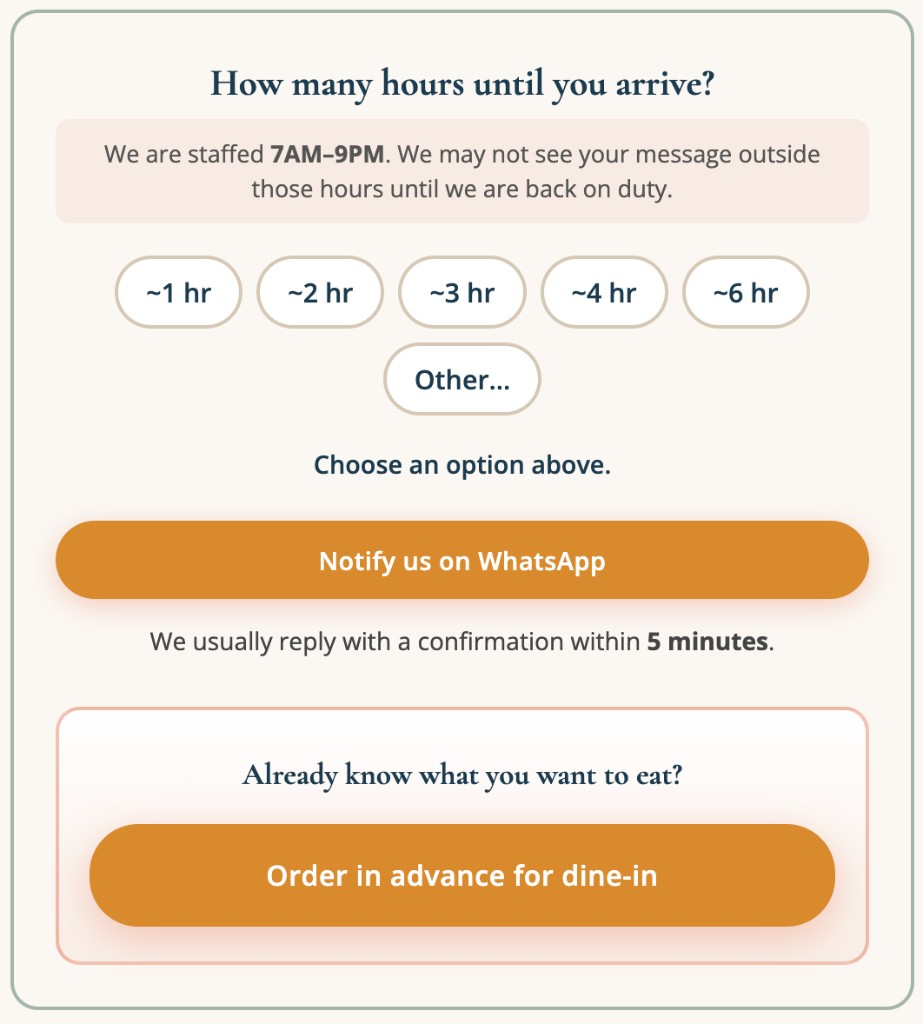 Arrival timing widget asking how many hours until you arrive, with quick-select buttons